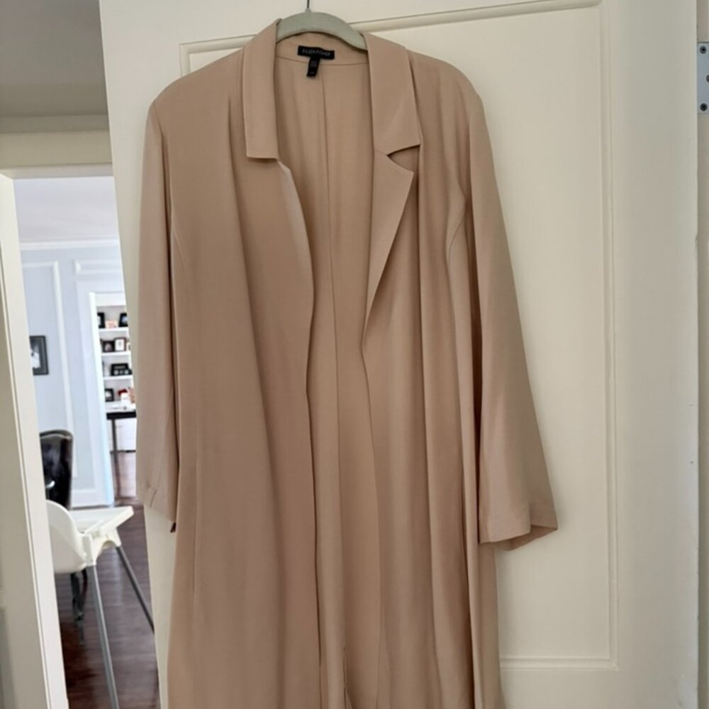 EILEEN FISHER 100% SILK UNLINED LONG JACKET- L- like BRAND NEW- wore ONE TIME !